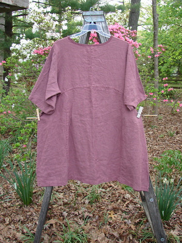 Barclay NWT Heavy Linen Oversized Zen Pocket Dress Centered Rose Canyon Size 0 on a clothes rack, showcasing dual exterior drop pockets and sectional panels, highlighting its unique A-line shape and varying hemline.