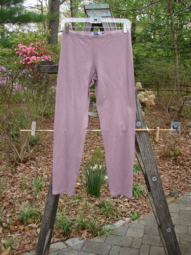Barclay Cotton Lycra Crop Lightweight Legging Unpainted Lilac Size 0 hangs on a clothesline, showcasing its full thinner elastic waistband and tapering low rise, perfect for mixing and matching.