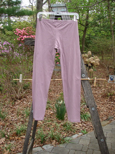 Barclay Cotton Lycra Crop Lightweight Legging Unpainted Lilac Size 0 hanging on a clothesline outdoors, showcasing a full thinner elastic waistband and tapering lowers.
