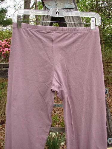 Barclay Cotton Lycra Crop Lightweight Legging Unpainted Lilac Size 0 hanging on a clothesline, showcasing a full elastic waistband and tapering lowers, against an outdoor backdrop with plants.
