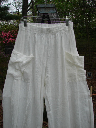 Barclay Linen Side Pocket Tie Pepper Pant Unpainted White Size 1 displayed hanging, showcasing its billowy shape, elastic waist, and exterior pockets on a clothesline, ideal for versatile styling.