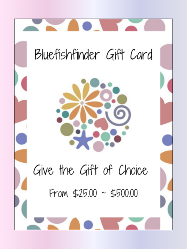 BFF Gift Cards from $25.00 ~ $500.00: Features a central multicolored motif with dots, starfish, spiral, and flower, surrounded by a colorful border. Ideal for gifting vintage Blue Fish Clothing choices.