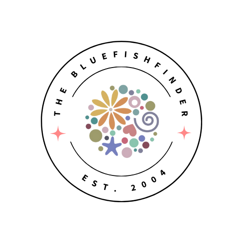 Circular logo featuring โTHE BLUEFISHFINDERโ and โEST. 2004โ surrounding multicolored sea-life motifs. Promotes ๐ BFF Gift Cards from $25.00 ~ $500.00 for versatile gifting, reflecting Bluefishfinder.comโs creative clothing legacy.