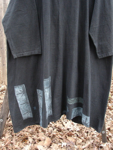 1994 Reprocessed Carriage Coat Forest Path Redyed Edo Black OSFA, featuring a blue design and signature Blue Fish patch, oversized buttons, and a versatile collar for a unique statement piece.