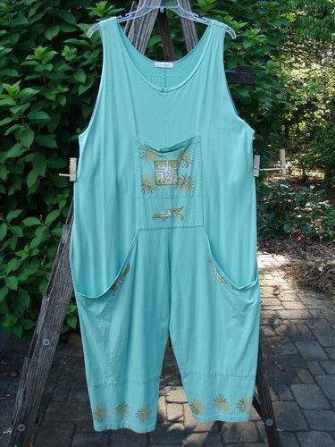 1997 Farmer Brown Overall Beach Salamander Altered OSFA, featuring whimsical painted bushel pockets and wide swingy legs, epitomizes Bluefishfinder.com's vintage aesthetic and playful comfort from their 1997 Summer Collection.