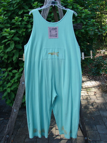 1997 Farmer Brown Overall Beach Salamander Altered OSFA features whimsical painted bushel pockets, wide paneled legs, and vintage beachy theme, embodying BlueFishFinder's creative, playful ethos in organic cotton.