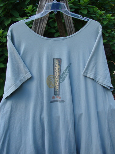 1995 Hop Scotch Dress Garden Friends Beach Glass Size 2 features an abstract graphic with leopard-print bar, feather shape, spiral motif, and pebble forms, showcasing a wide scooped neckline and generous A-line shape.