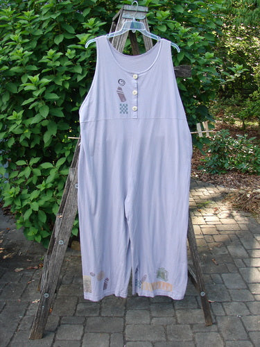 1993 Wide Pant Overall Jumper Travel Wind Periwinkle Size 2, displayed hanging, features super wide swingy belled legs, three front buttons, front empire waist seam, and beautifully gathered back upper shoulder.