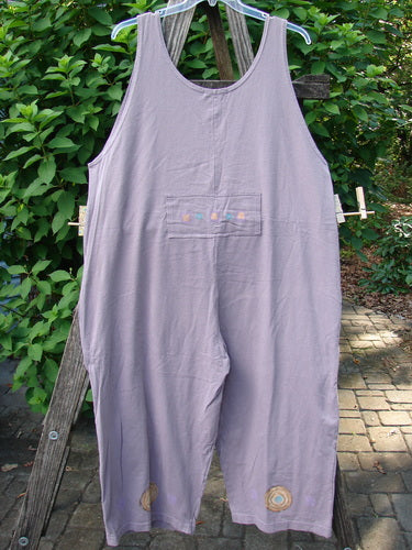 1997 Farmer Brown Overall Ocean Life Jasmine OSFA features wide lower paneled legs, whimsically painted dual front bushel pockets, and vintage ocean-themed designs, hanging outdoors, epitomizing Bluefishfinder.com's creative, comfortable style.
