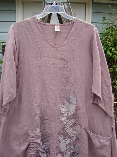 Barclay Linen High Vent Venetian Dress Celtic Fern Lavender Size 1 features a floral design, softly dipped V neckline, and high side vents, showcased on a hanger with a feminine A-line silhouette.