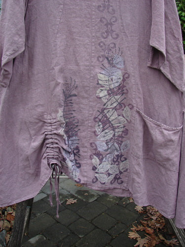 Barclay Linen High Vent Venetian Dress Celtic Fern Lavender Size 1, featuring a softly dipped V neckline, A-line shape, high side vents, and Celtic fern design, showcasing elegant drape and sway.