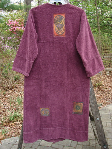 2000 Patched Chenille Side Wrap Robe Turn Time Murple Size 0, featuring a distinctive wrap front, oversized pocket, wide lower sleeves, and double-banded hemline, crafted in dense cotton chenille for luxurious drape.