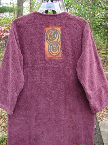 2000 Patched Chenille Side Wrap Robe Turn Time Murple Size 0 features a unique wrap front with a single button closure, adjustable ties, oversized pocket, and wide lower sleeves, showcasing Bluefishfinder's vintage style.