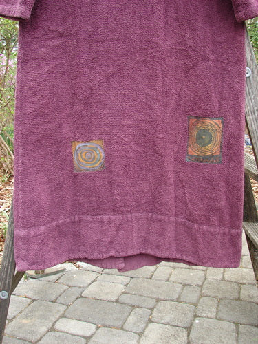 2000 Patched Chenille Side Wrap Robe Turn Time Murple Size 0 displayed draped on a wooden ladder, showcasing its unique wrap front design, oversized pocket, and wide double panel sleeves.
