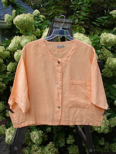 Barclay Linen Vented Crop Pocket Top Unpainted Sherbet Size 2 displayed on a hanger, showcasing its soft V-neckline, widening crop shape, side vents, pearlized buttons, and oversized breast pocket.