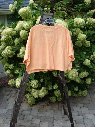 Barclay Linen Vented Crop Pocket Top Unpainted Sherbet Size 2 displayed on a rack, featuring a softer V neckline, widening crop shape, side vents, shell-like buttons, and an oversized breast pocket.