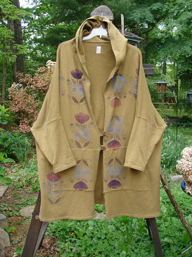 Barclay Fleece Two Button Hooded Jacket Sun Man Yellow Olive Size 3 features front vertical floral designs, a generous hood, and wooden button closures, showcasing intricate painted details.