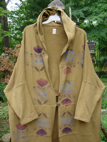 Barclay Fleece Two Button Hooded Jacket Sun Man Yellow Olive Size 3 featuring floral front design, generous hood, sectional panels, dolman sleeves, wooden buttons, exterior pockets, A-line shape, and unique rear paint.