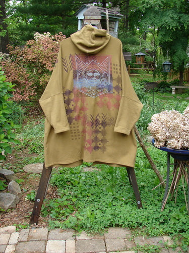 Barclay Fleece Two Button Hooded Jacket Sun Man Yellow Olive Size 3 on a rack, showcasing a graphic design on the back and front vertical floral accents with wooden button closures.