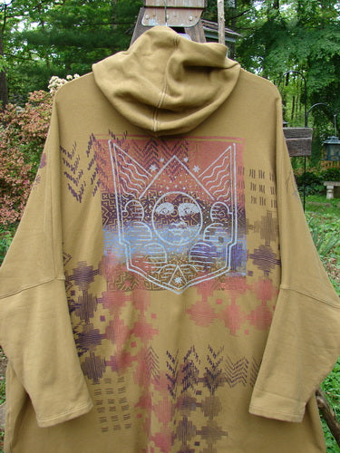 Barclay Fleece Two Button Hooded Jacket Sun Man Yellow Olive Size 3 featuring a generous hood, wooden buttons, and unique graphic designs on medium-weight organic fleece.