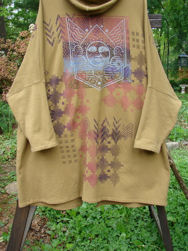 Barclay Fleece Two Button Hooded Jacket Sun Man Yellow Olive Size 3 displayed on a hanger, showcasing its generous hood, sectional panels, dolman sleeves, wooden buttons, and vertical floral front design.