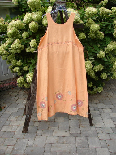 Barclay Linen A Line Shift Dress Bubbles Sherbet Size 2 displayed on a wooden ladder, showcasing its rounded neckline, empire waist seam, and fully sweeping lower skirt.