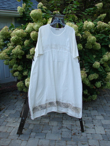 Barclay Linen Cotton Sleeve Banded Hem Pleat Dress Curl Fern White Size 2 on a rack, showcasing rounded neckline, empire waist seams, three-quarter sleeves, and sectional pleats for a vintage, organic look.