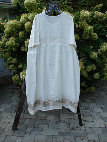Barclay Linen Cotton Sleeve Banded Hem Pleat Dress Curl Fern White Size 2 displayed on a rack, showcasing its rounded neckline, downward curved empire waist seams, and three-quarter length sleeves with vertical pleats.