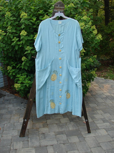 1999 Maypole Dress Pineapple Spring Size 2 on a rack, featuring large buttons, a rounded V neckline, front pockets, and a pineapple design.