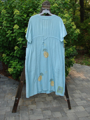 1999 Maypole Dress Pineapple Spring Size 2 displayed outdoors on a hanger, featuring a rounded V neckline, large buttons, drawstring back, front pockets, and vibrant pineapple design.