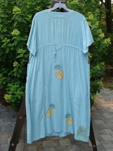 1999 Maypole Dress Pineapple Spring Size 2 featuring a blue dress with a pineapple design, rounded V neckline, thick buttons, drawstring back, front pockets, and longer straight shape.