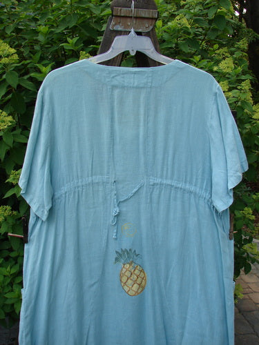 1999 Maypole Dress Pineapple Spring Size 2 featuring a blue shirt with a pineapple design, rounded V neckline, thick buttons, drawstring back, bushel style pockets, and a straight, longer shape.