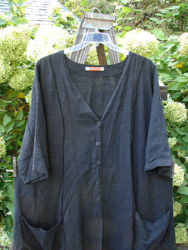 Barclay Linen Double Tie Back Jacket in Black displayed on a swinger, featuring a deep V neckline, A-line sweep, vertical stitchery, drop flop pockets, varying hemline, and rear shoulder drawstring.
