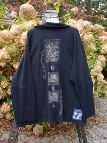 1995 Reprocessed Deco Jacket Polka Gal Black OSFA features a dense nubby texture with oversized painted diagonal pockets and a deep V neckline, embodying vintage Blue Fish Clothing's creative freedom and individuality.