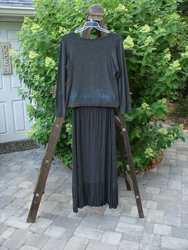 2000 Rayon Lycra Midi Bubble Trio Sparkle Border Charcoal Size 1 2 displayed, featuring a long-sleeved top, midi jumper, and bubble skirt on a wooden ladder for the Spring Collection.