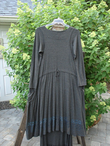 2000 Rayon Lycra Midi Bubble Trio Sparkle Border Charcoal Size 1 2 displayed on a swing, featuring a long grey dress with long sleeves, unique fall, rear drawcord, and varying hemline.