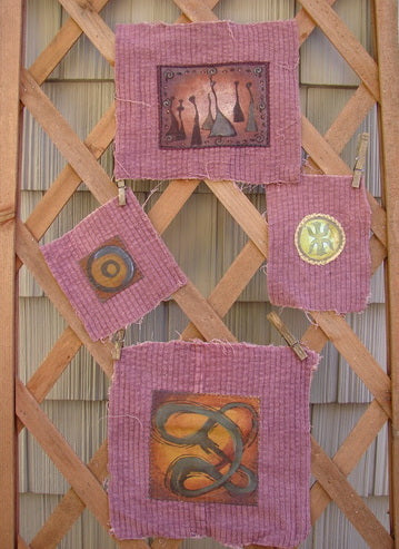 The PMU 2000 Holiday Mixed Theme Patch Set Total 4, showcasing diverse art pieces and patterns, mounted on Murple Organic Chenille, displayed on a wooden lattice. Available as mounted or patches only.