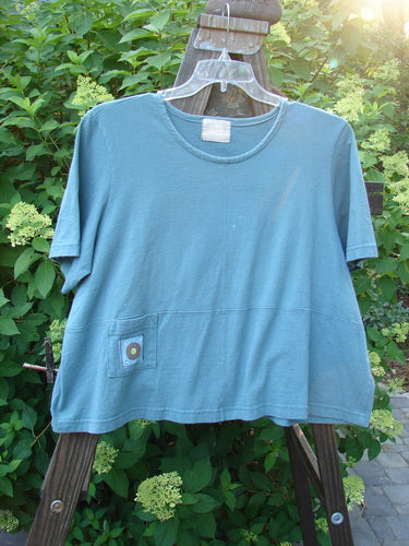 2000 Pocket Crop Tee Top Earth Day Blue Mineral Size 2 displayed on a swing hanger, showcasing its swingy hemline, rolled neckline, and double-layered front pocket.