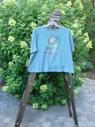 2000 Pocket Crop Tee Top Earth Day Blue Mineral Size 2 displayed on a wooden stand, showcasing a feminine rolled neckline, double-layered front pocket, and swingy hemline with an earthy theme print.