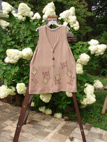1998 Teton Sweater Vest Tiny Twig Aspen OSFA displayed on a mannequin, showcasing its unique ceramic buttons, deeper V neckline, and ribbed hemline with a distinctive sway A-line shape.
