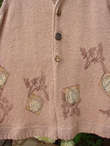 Close-up of the 1998 Teton Sweater Vest Tiny Twig Aspen OSFA, featuring an A-line shape, alternative stitching, colorful ceramic buttons, deeper V neckline, and ribbed hemline.