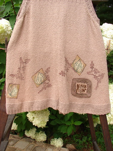 1998 Teton Sweater Vest Tiny Twig Aspen OSFA on a rack, featuring alternative stitching, stamped ceramic buttons, and a ribbed hemline.