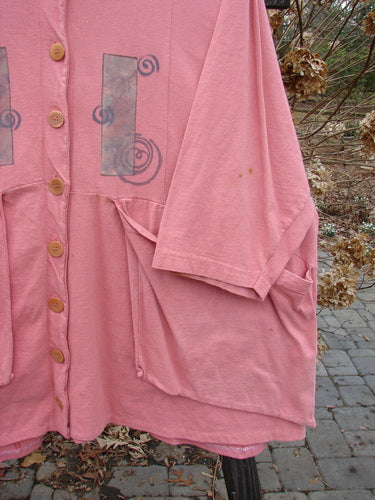 1994 Treasure Jacket Wind Spin Altered Coral OSFA: Pink shirt with pocket, drop shoulder seams, front flop pockets, and V neckline.