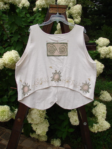 1995 The Folk Vest Warming Sun Star Natural Size 2 on a hanger, featuring four ceramic buttons, tuxedo front hemline, and upward back scoop hemline with sun star design.