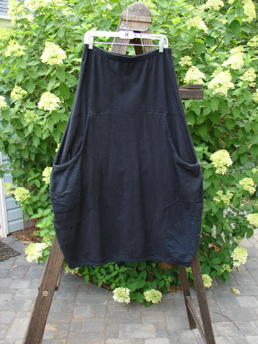 Barclay Cotton Hemp Panel Pocket Circle Skirt Unpainted Black Size 2 displayed on a clothesline, showcasing deep front entry banded upper pockets, Celtic moss accents, and a full elastic waistline.