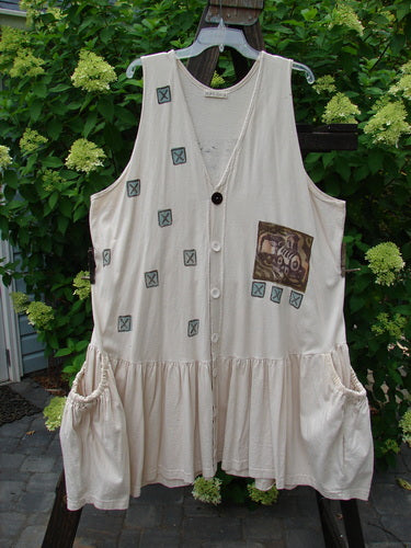 1995 Voyager Vest Festive Train Travel China Size 2, with front drop floppy elastic topped pockets, deep V-shaped neckline, original BF buttons, and gathered bottom flounce, displayed on a hanger.