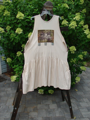 1995 Voyager Vest Festive Train Travel China Size 2 with graphic design, deep V neckline, elastic side drop pockets, original buttons, and gathered bottom flounce, displayed on a rack.
