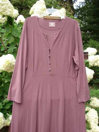 2000 Crepe Tara Dress Celtic Loam Size 1 displayed on a swing, showcasing its elegant drape, darted bodice, empire waist, and sweeping hemline with continuous Celtic theme pattern.