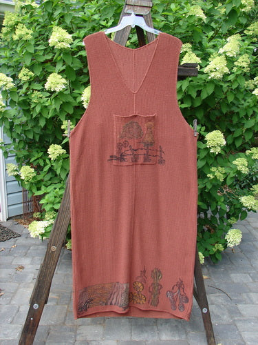 1993 Waffle Pocket Sweater Jumper Farm Fence Woodberry Size 2 displayed on a hanger, showcasing a painted vintage farm fence theme, oversized front pocket, and plunging V neckline with a thick thermal waffle weave.