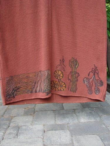 1993 Waffle Pocket Sweater Jumper Farm Fence Woodberry Size 2 displayed on a red towel with vegetable and fruit imagery, showcasing thick thermal waffle weave and vintage farm fence theme paint.